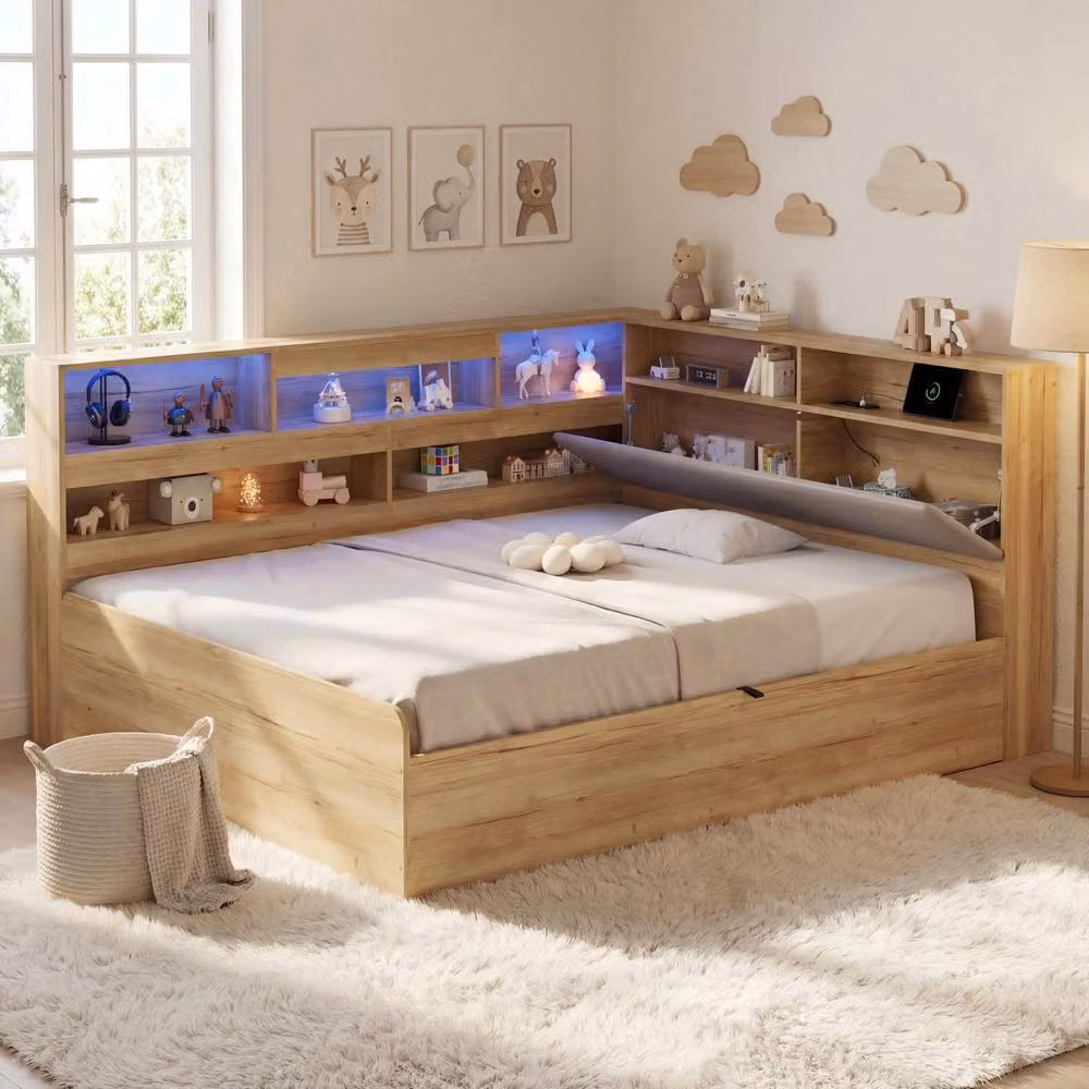 BTM Natural Solid Wood Double Daybed with Hydraulic Storage, LED Lighting and USB Charging Port, W/D/H: 140 x 200 x 95 cm – 3