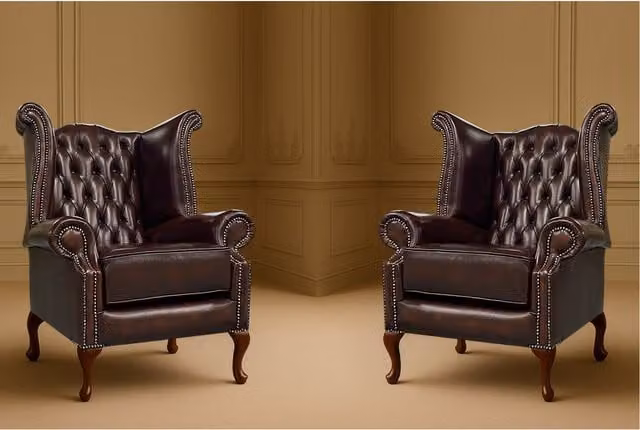 Pair of Somnior Beds Ltd Chesterfield Scrolled Wingback Leather Armchairs in Dark Brown, W/D/H: 106.68 x 92.71 x 71.12 cm