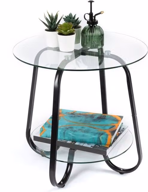 LIVIVO Round 2-Tier Glass Coffee Table with Black Metal Frame and Transparent Glass Top – 1