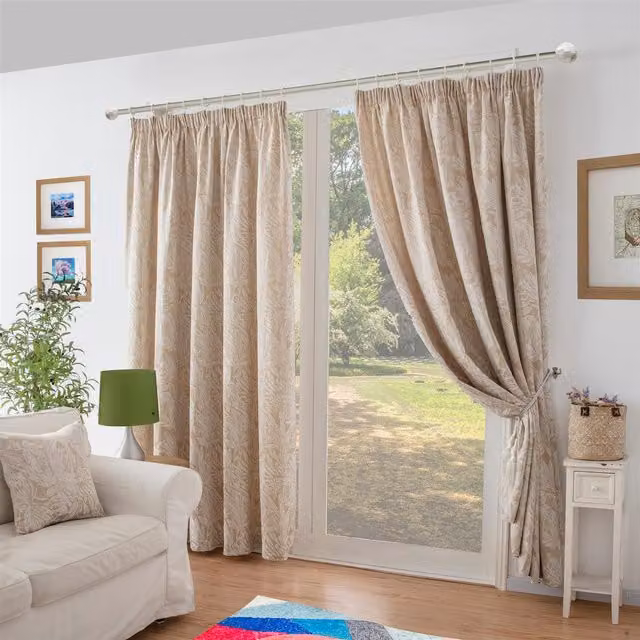 Luxury Living Chenille Jacquard Floral Pencil Pleat Curtains in Beige, W: 117 cm, Drop: 137 cm