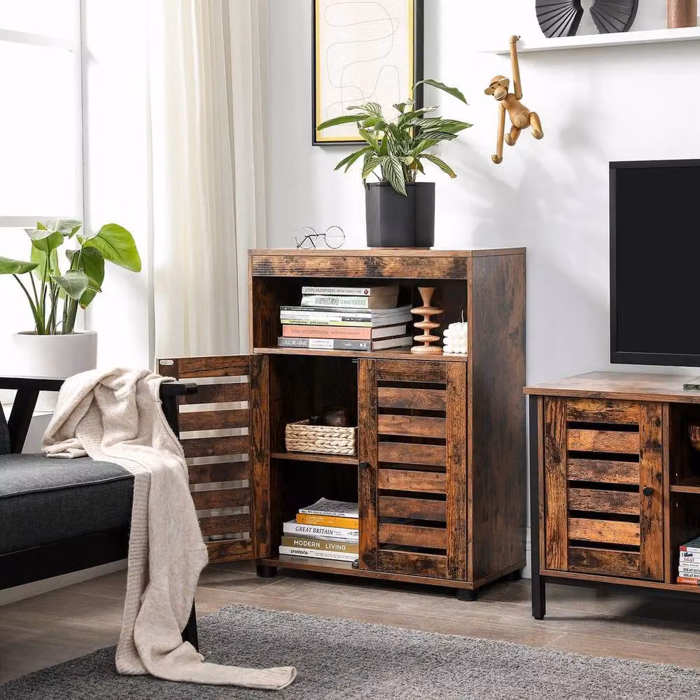 KORVIXA Freestanding Bathroom Storage Cabinet with Roll Shutter Doors in Rustic Brown – 3