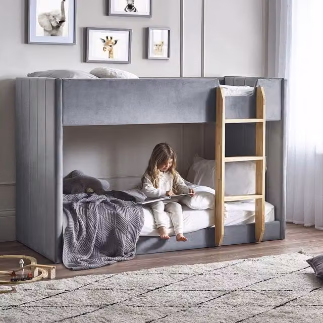 Julian Bowen Daytona Bunk Bed in Grey Velvet and Woodgrain with Stairs for Children's Bedrooms