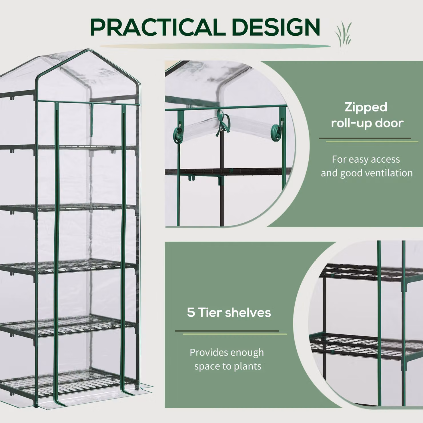 Outsunny 5 Tier Mini Greenhouse with Transparent PVC Cover and Steel Frame, Green, W/D/H: 49 x 49 x 193 cm – 3