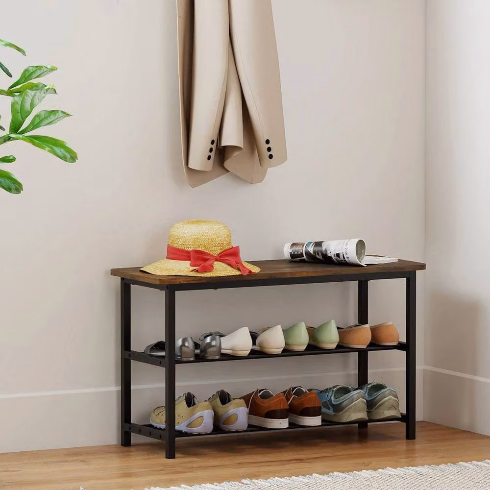 Kelvenix Freestanding Rustic Brown Shoe Rack in Wood and Metal, H 80 x W 46 x D 30 cm – 3
