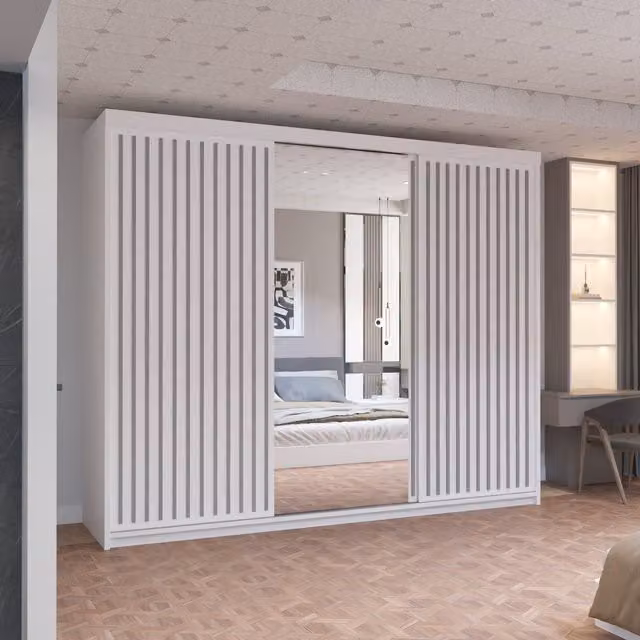 MN Furniture Reno 3 Sliding Door Wardrobe with Mirror and LED Light in Oak and White, W: 250 cm, H: 217 cm – 1