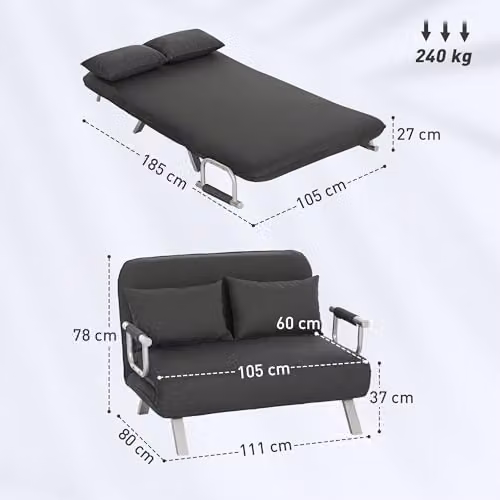 HOMCOM 2 Seater Click Clack Convertible Sofa Bed in Anthracite Grey Microfibre with Metal Frame – 3