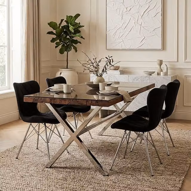 Fifty Five South Rustic Rectangular Glass Dining Table with X-Frame in Brown and Silver