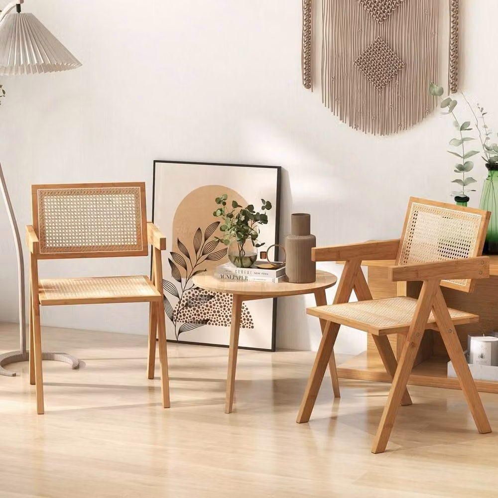 VOGREX Set of 2 Modern Mid-Century Rattan and Bamboo Dining Accent Chairs with Armrests in Beige and Brown – 3