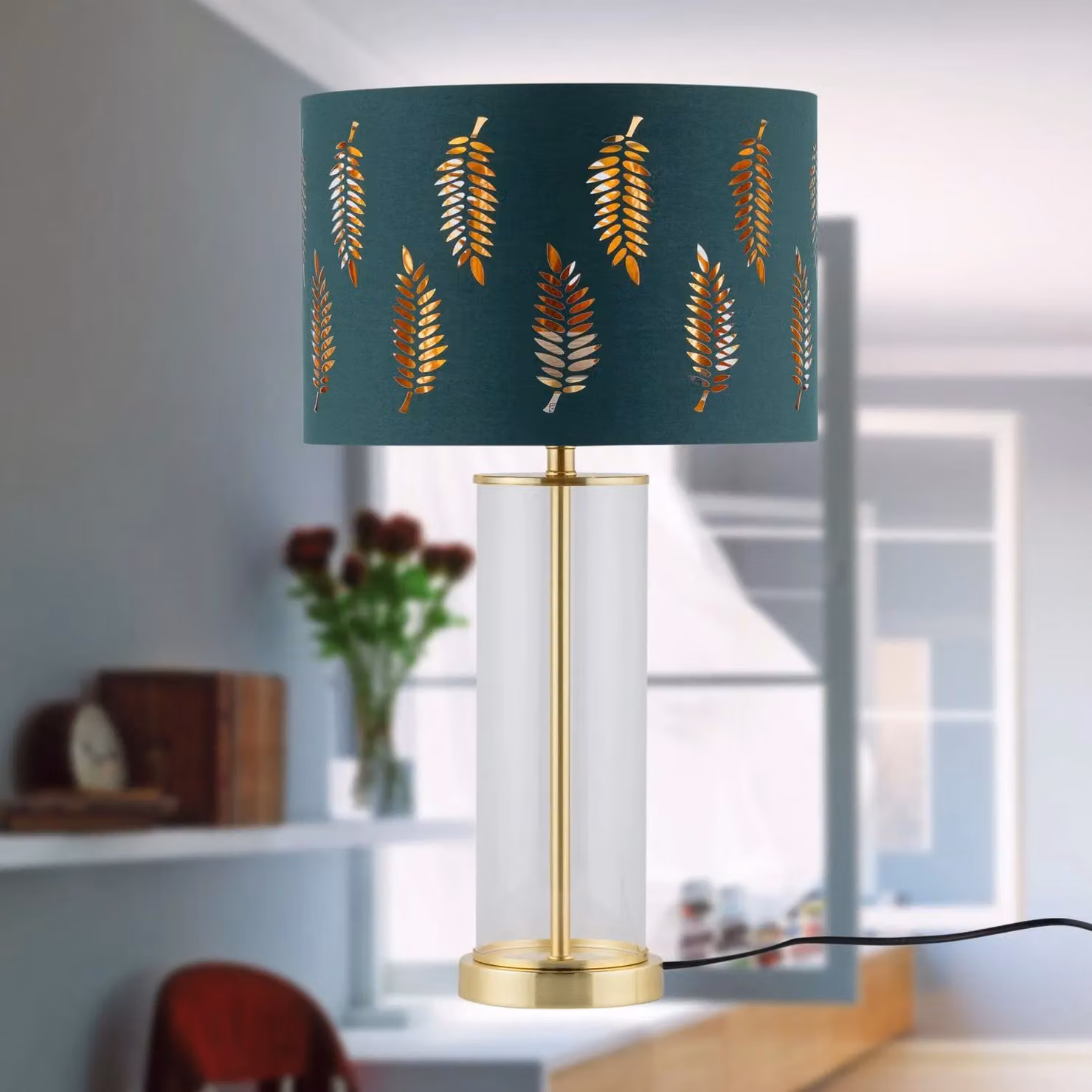 First Choice Lighting Aura Set of 2 Satin Brass Table Lamps with Green Fern Cut Out Glass Shades in Gold – 5