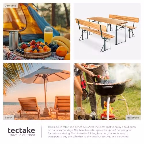 tectake 3-Piece Brown Wood and Powder Coated Steel Garden Table and Bench Set for 8 People – 6