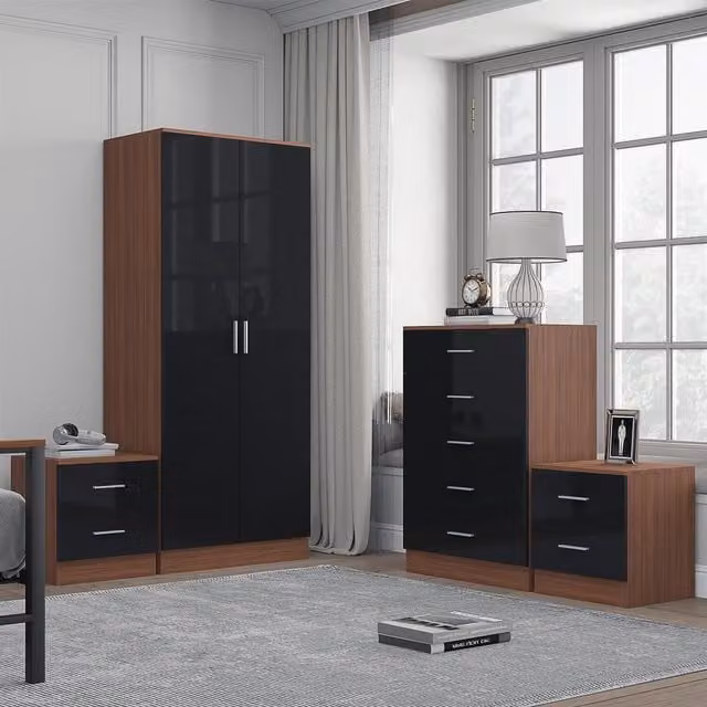 REFLECT Bedroom Furniture Bundle with 2-Door Plain Wardrobe, Chest of Drawers and 2 Bedside Tables in Black Gloss and Matt Walnut