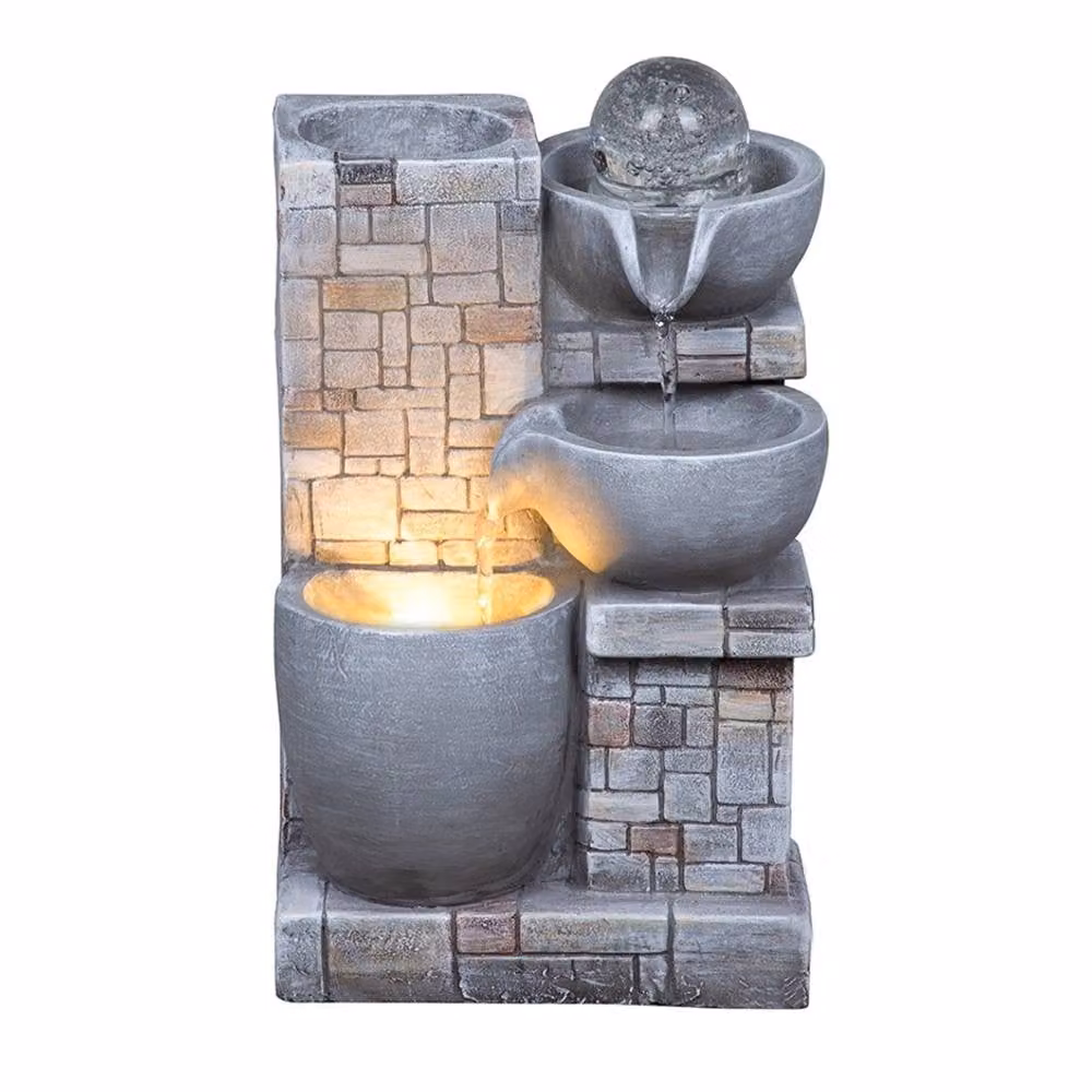 Primrose Rustic Cascading Bowls Tabletop Water Feature with Sphere and LED Lights in Grey – 3