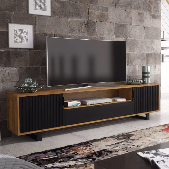 Creative Furniture Blackridge TV Unit in Brown and Black with Dark Oak Body and Matte Fluted Fronts, W: 200 cm, H: 45 cm, D: 35 cm