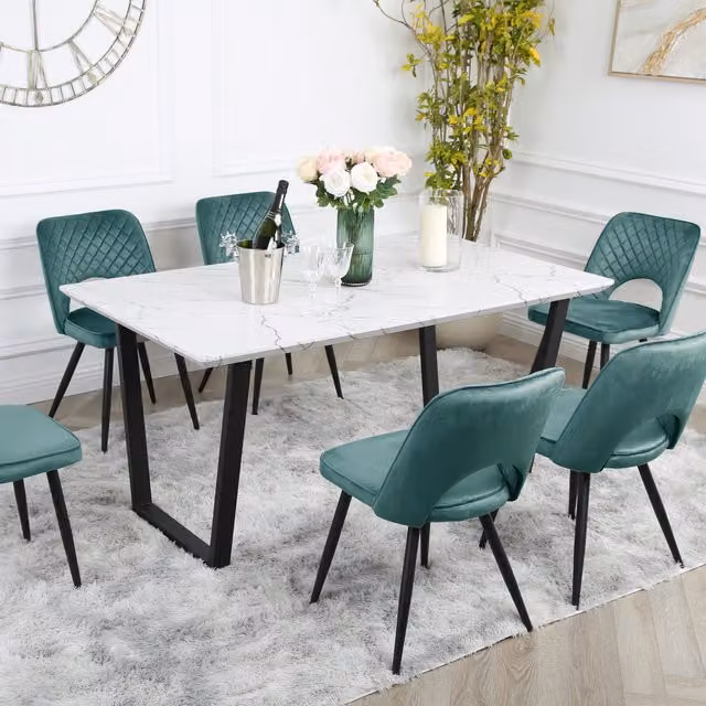 Home Garden Direct One Atlas Marble Dining Table Set with 6 Metis Velvet Chairs in Dark Green