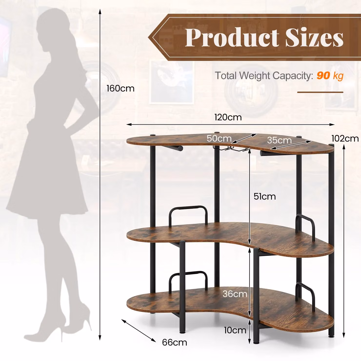 Gymax 3-Tier Industrial Corner Bar Unit with Wine Glass Holder in Brown – 2
