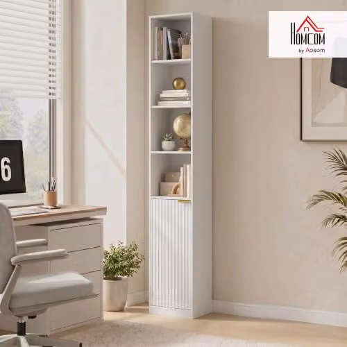 HOMCOM 6-Tier Modern White and Gold Wood Effect Bookcase, H 182 x W 30 x D 24 cm – 2