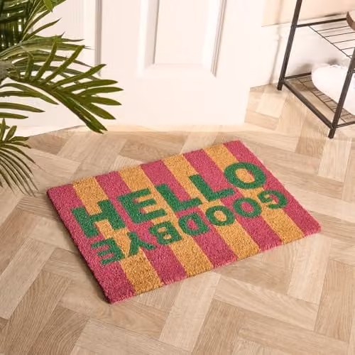 OHS Hello Goodbye Striped Coir Doormat, Green and Pink, W: 40 cm, D: 60 cm