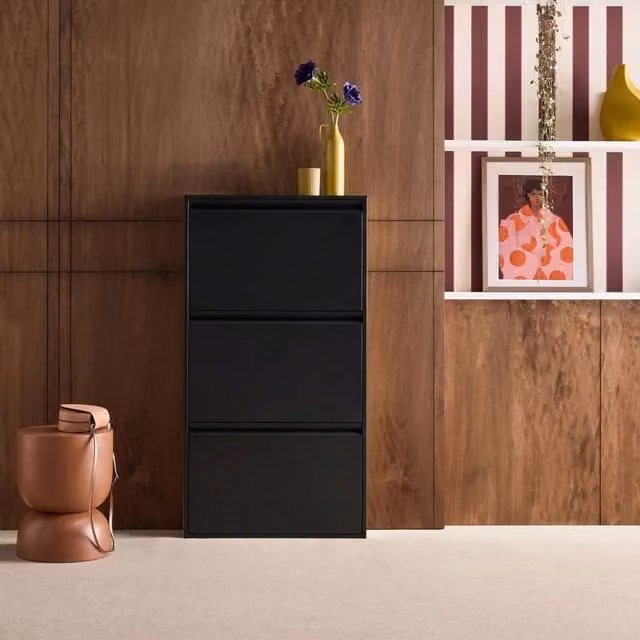 sweeek Industrial Metal Shoe Cabinet in Black with 3 Drawers and Tilting Compartments, W/D/H: 123 x 30 x 65.5 cm – 1