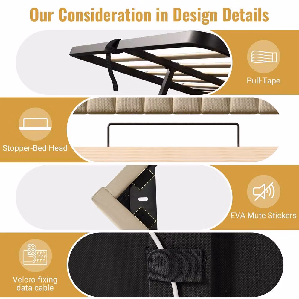 Rolipo Beige Linen Upholstered Bed with LED Lighting, USB Charging Port and Hydraulic Storage, W/D/H: 150 x 200 cm – 6