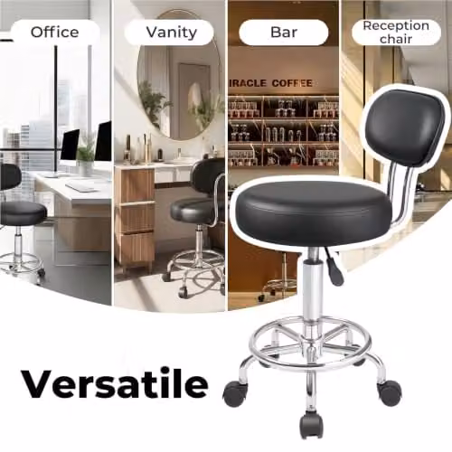 Levede Black PU Leather Rolling Stool with Low Back, Height Adjustable Swivel Task Chair with Footrest for Home, Office and Studio Use – 11