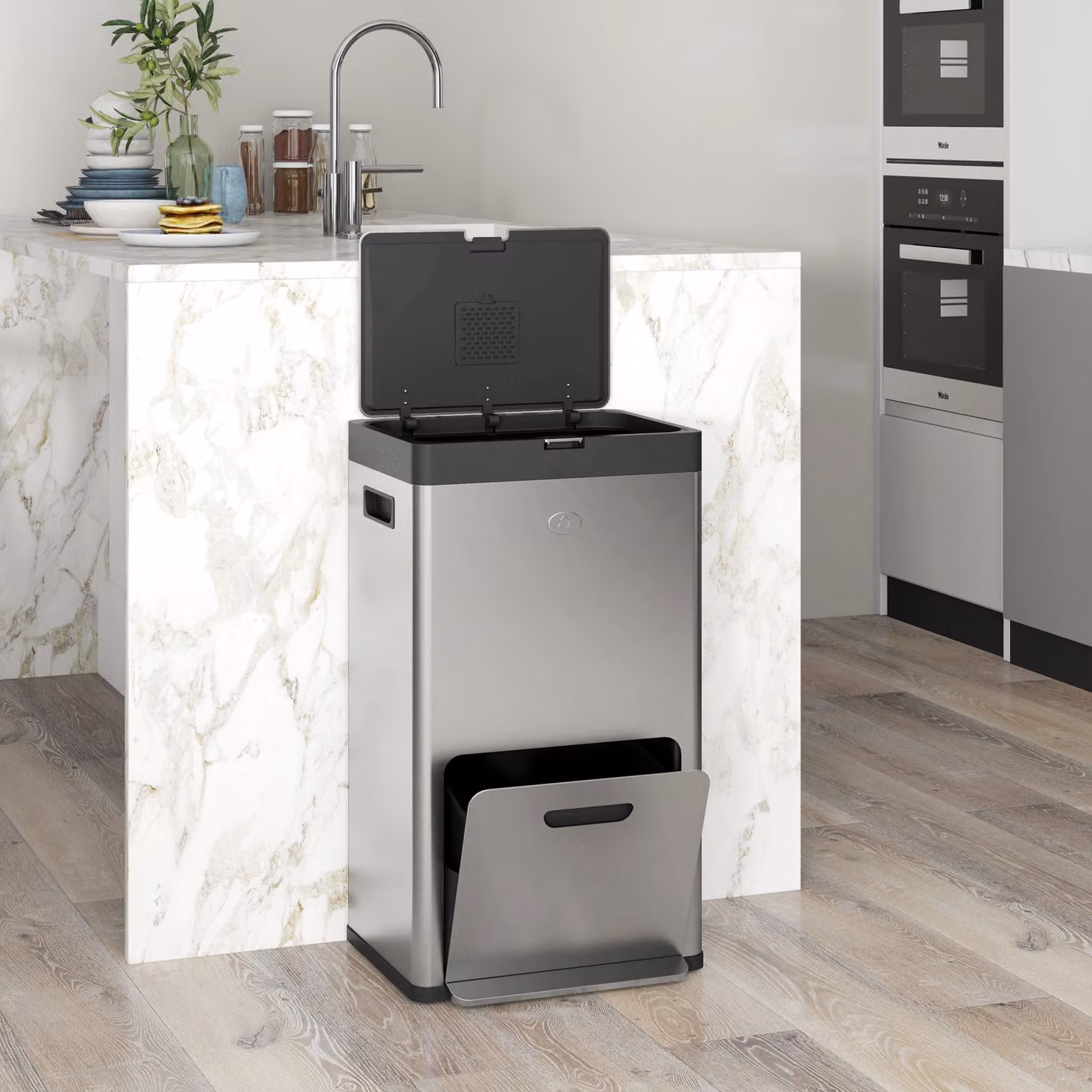 HOMCOM 56L Triple Compartment Stainless Steel Kitchen Bin with Deodoriser Holders and Wheels, Silver Tone – 8
