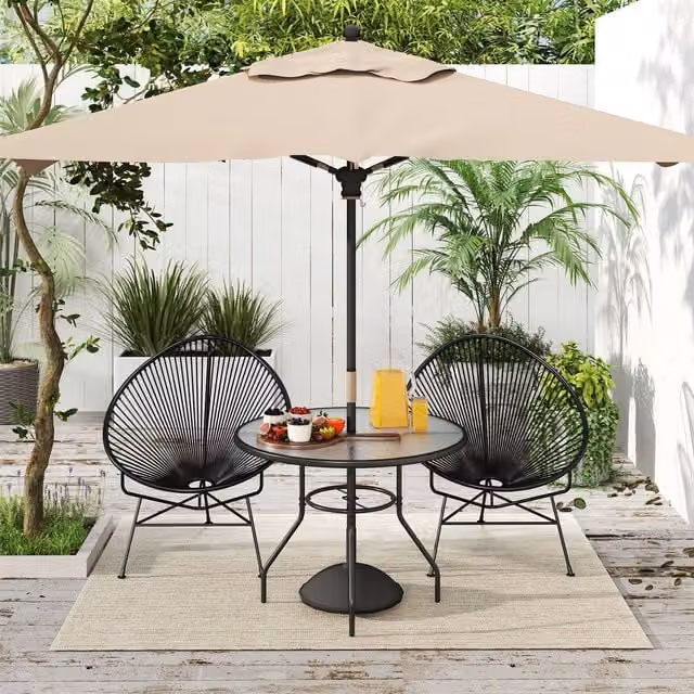 OUTSUNNY Round Outdoor Dining Table with Tempered Glass Top and Parasol Hole, Black, Diameter: 100 cm