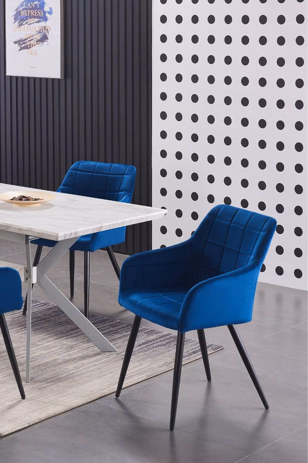 Life Interiors Set of 2 Camden Modern Velvet Dining Chairs with Armrests and Black Metal Legs in Blue – 4
