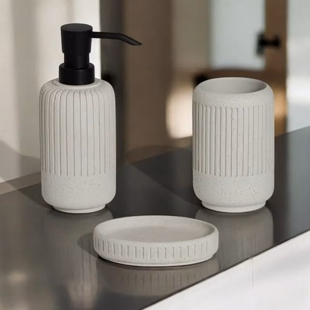 Showerdrape Alexandria Stone 3 Piece Freestanding Bathroom Accessory Set in Black with Tumbler – 1