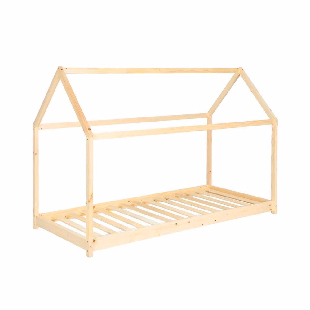 sweeek Children's Hut Bed in Natural Pine with Bed Base, Beige, W/D/H: 90 x 190 cm – 2