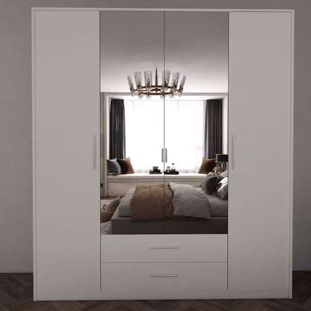 TJS Modern White 4 Door 2 Drawer Wardrobe with Mirror and Silver Details, Width: 180 cm