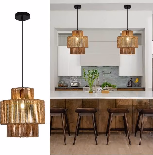 NIVOR Natural Boho Woven Rattan Pendant Light, Adjustable E27 Chandelier in Brown