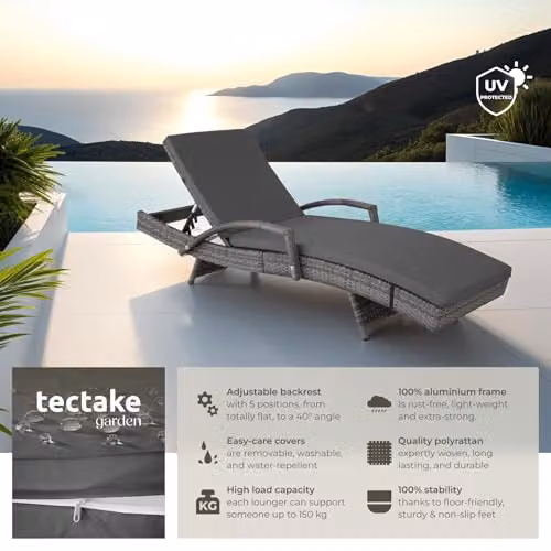 tectake Grey Rattan Sun Lounger with 5-Position Adjustable Backrest and Aluminium Frame – 4