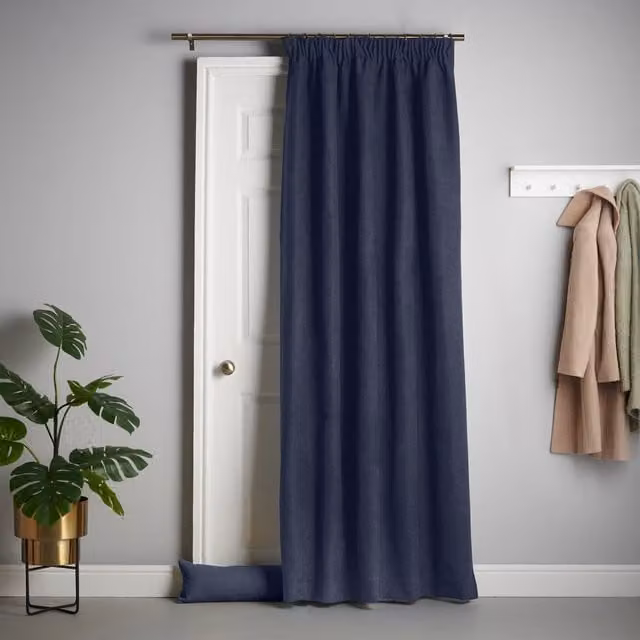 Alan Symonds Luxury Living Velvet Chenille Blackout Pencil Pleat Door Curtain in Blue, W: 56 cm, H: 84 cm