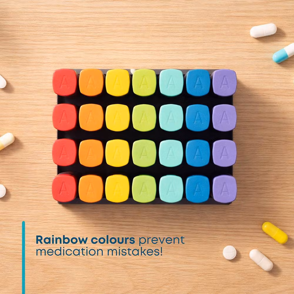 FINEWAY 28 Day Monthly Pill Organiser with Morning and Evening Stand in Black and Multicolour – 2