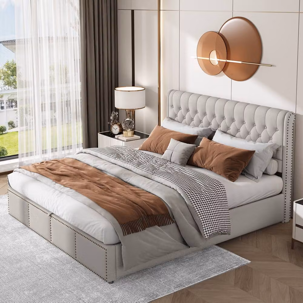 STILVORA Upholstered Double Bed with Lift-Up Storage Base in Grey, W/D/H: 140 x 200 x 102.5 cm – 2