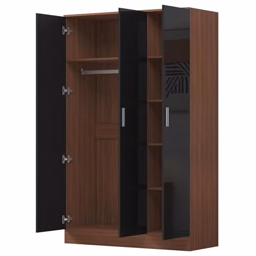 Reflect 2 Piece Wardrobe Bundle with Corner and 3 Door Units in Black Gloss and Walnut Finish, H 180 cm x W 215 cm x D 103 cm – 2
