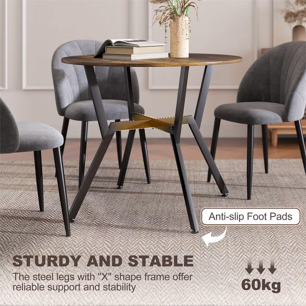 EONLION Rustic Brown Round Dining Table with Black X-Frame Base, Diameter: 100 cm – 2