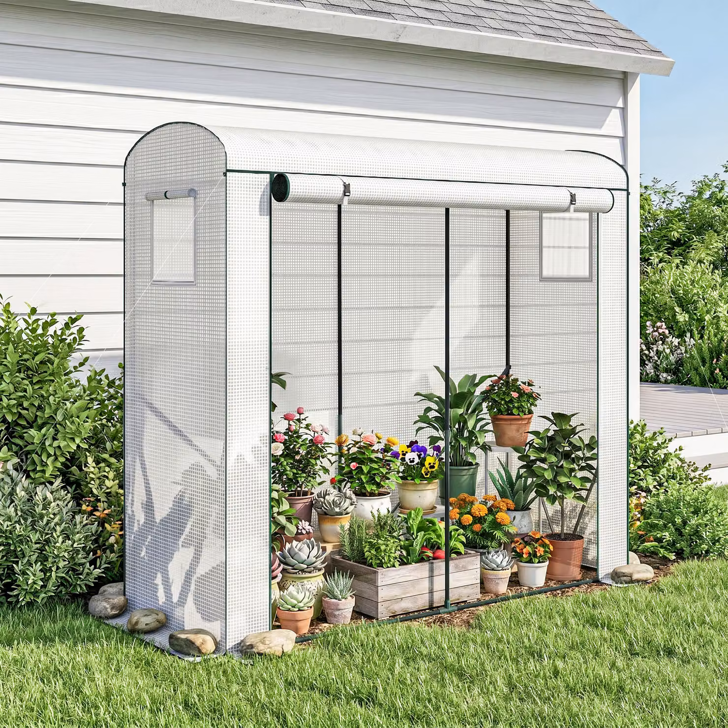 Outsunny Mini Greenhouse in White with Roll-Up Door and Mesh Windows, H x W x D: 188 x 75 x 200 cm – 4