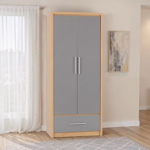 Seconique Seville 2 Door 1 Drawer Wardrobe in Grey High Gloss and Oak – 1
