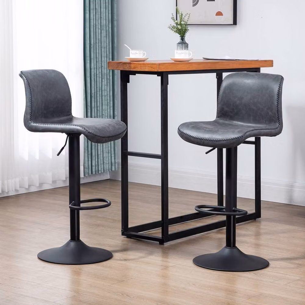 STILVORA Set of 2 Adjustable Height Swivel Bar Stools in Dark Grey Synthetic Leather – 2