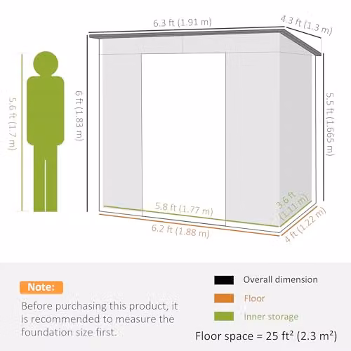 Outsunny Galvanised Steel Pent Garden Shed in Light Grey, W/D/H: 183 x 130 x 191 cm – 4