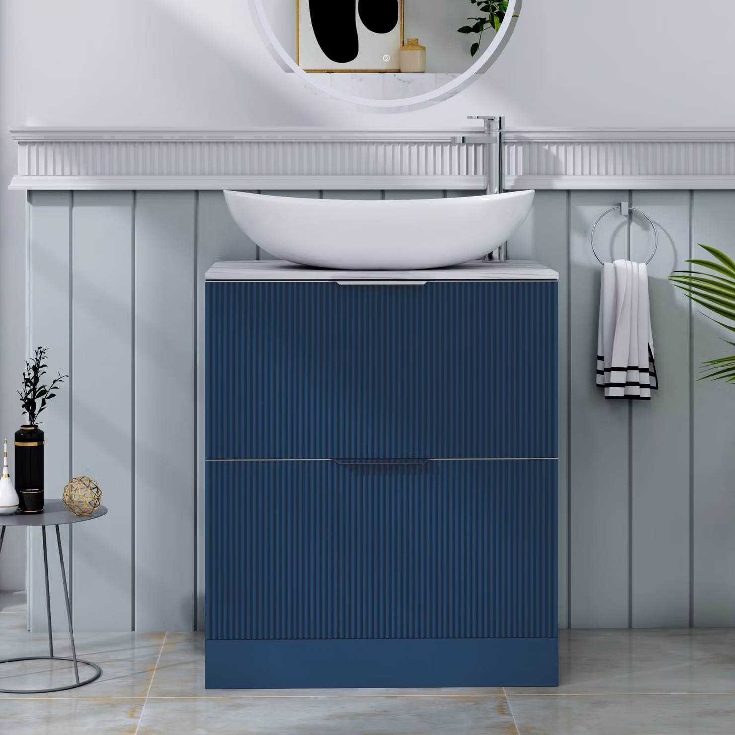 Royal Bathrooms Evora 700mm Midnight Blue Fluted Floor Standing Countertop Vanity Unit with 2 Drawers and Cesar Basin