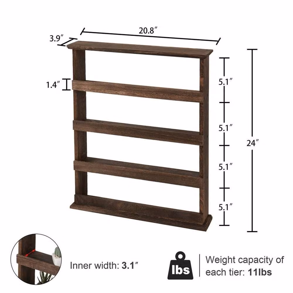 KORVIXA Rustic Brown Wood Floating Spice Rack and Herb Jar Holder, W: 70 cm, H: 65 cm – 2