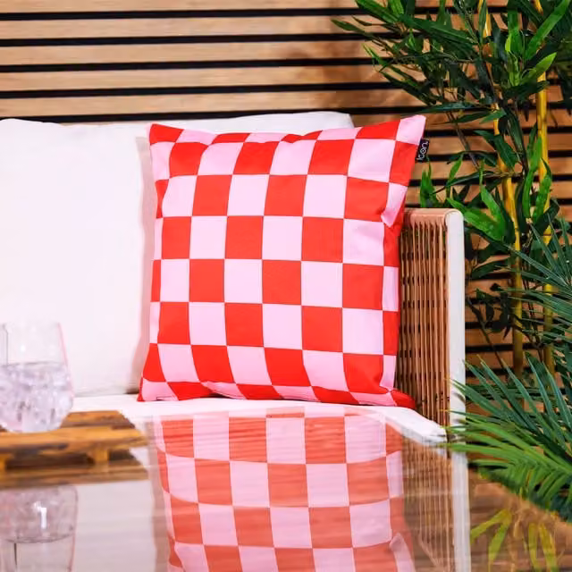 icon Checkerboard Waterproof Indoor and Outdoor Cushion in Green and Pink, W/D/H: 43 x 43 x 43 cm