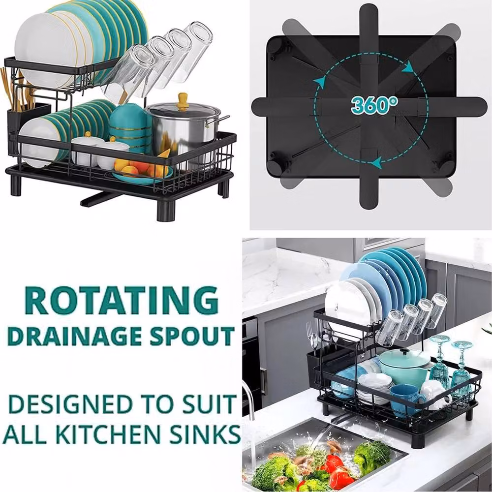 ATEK 2 Tier Black Stainless Steel Kitchen Dish Drainer Rack with Cutlery Holder and Drip Tray – 4