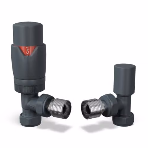 UK Radiators Stirling Bold Anthracite Modern Thermostatic Radiator Valve and Lockshield Set 1/2BSP 10mm Angled