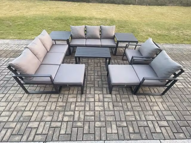 Fimous Aluminium Outdoor Garden Furniture Set in Dark Grey with 3-Seater Sofa, Coffee Table, 2 Chairs, 2 Side Tables and 2 Ottomans