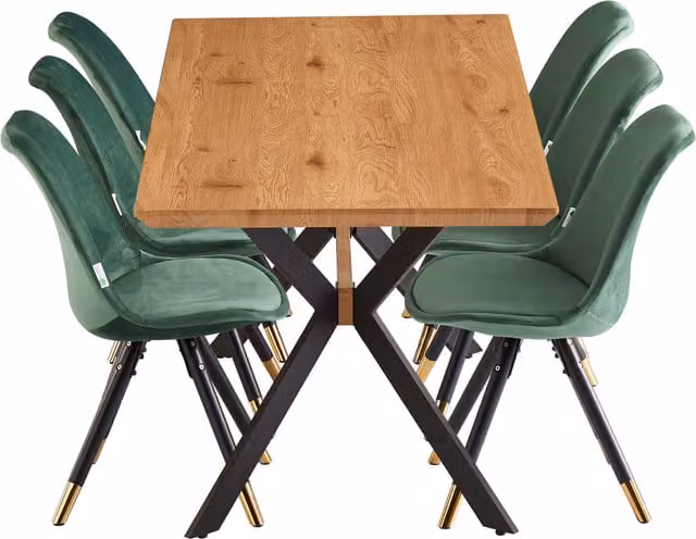 Life Interiors Sofia Blaze LUX Mid-Century Extendable Rectangular Dining Set with 6 Chairs in Green and Gold