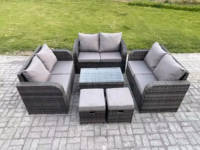 Fimous 8 Seater Wicker Rattan Garden Furniture Set in Dark Grey with Rectangular Coffee Table, Love Sofa and 2 Footstools