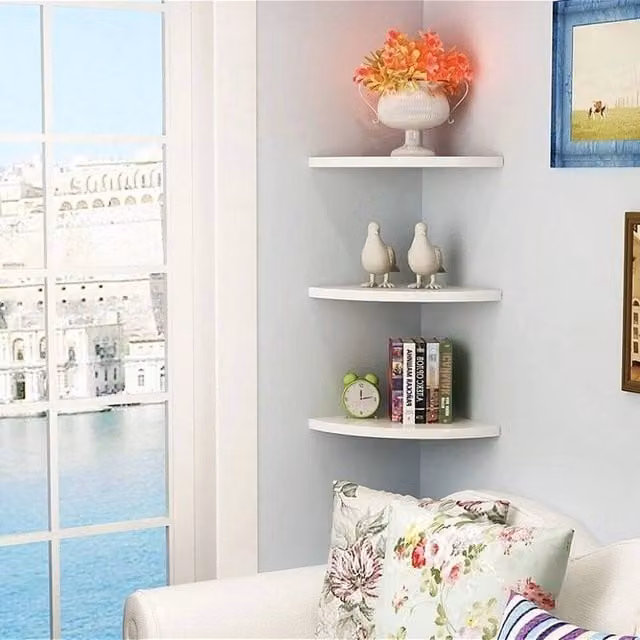 EONLION Set of 3 White Wooden Floating Corner Wall Shelves